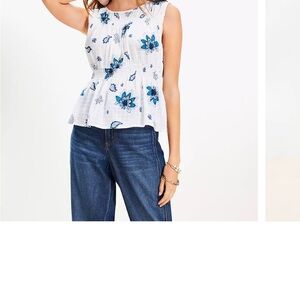 Loft Size L/XL Paisley Plaid White And Blue Floral Smocked Peplum Top